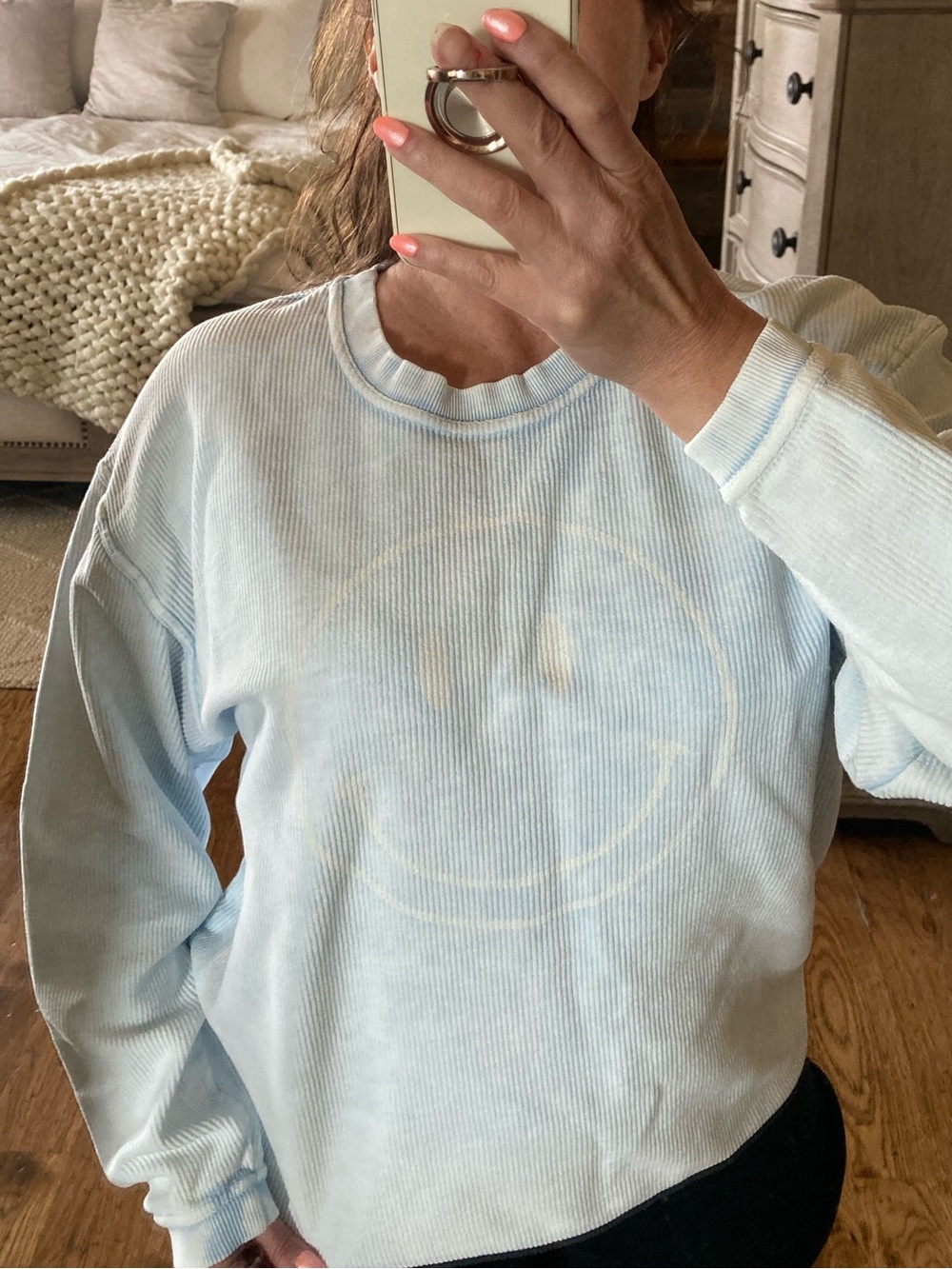 Oat Collective Washed Baby Blue Beachy Coastal Smiley Face Sweatshirt Size S